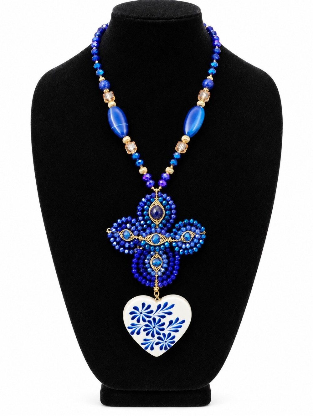Royal Blue Beaded Pendant Necklace with Porcelain Heart
